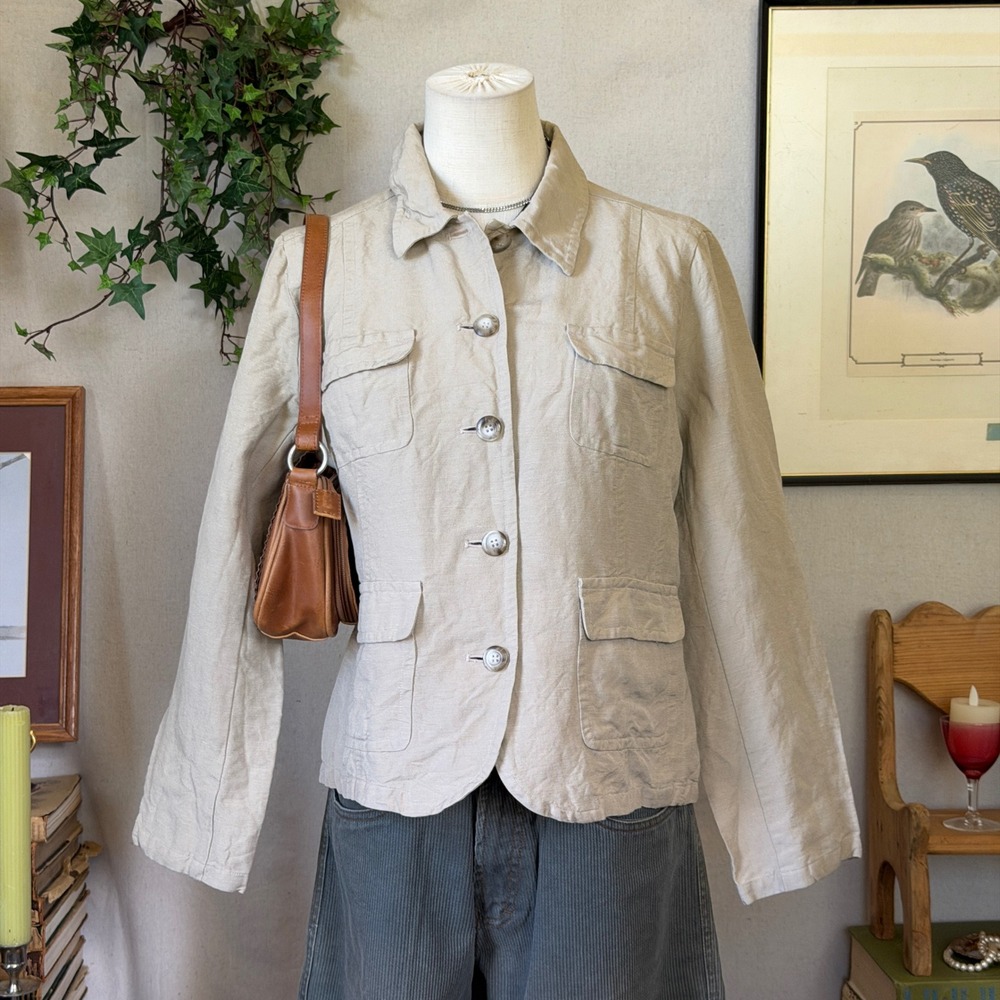Beige Linen Blend Safari Jacket Coastal Grandmother Y2K Vintage 10 Layering